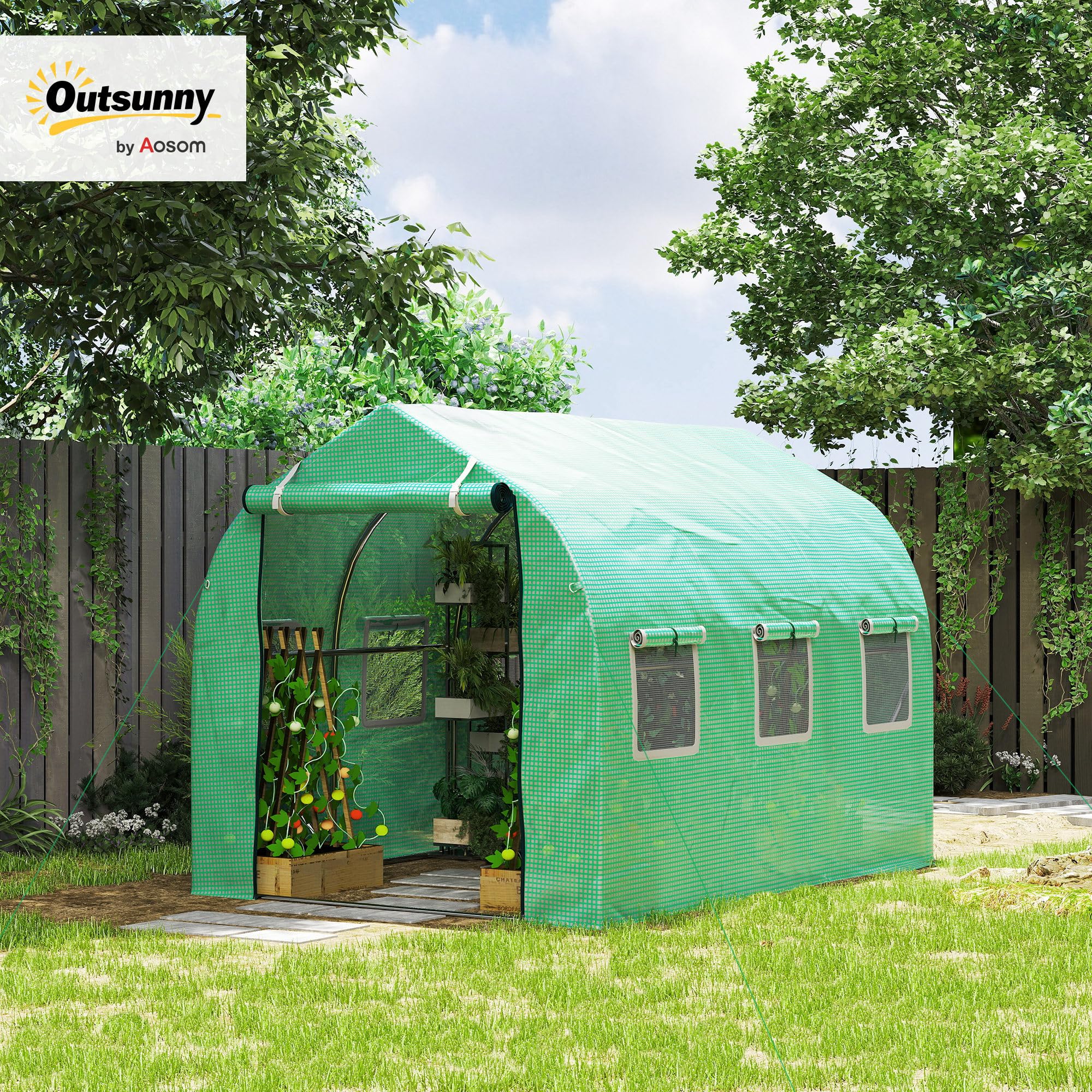 Outsunny Invernadero de Exterior 3x2x2 m Invernadero de Túnel con 6 Ventanas de Malla Puerta Enrollable Cubierta de PE 140g/㎡ Anti-UV Marco de Metal Galvanizado para Patio Jardín Verde