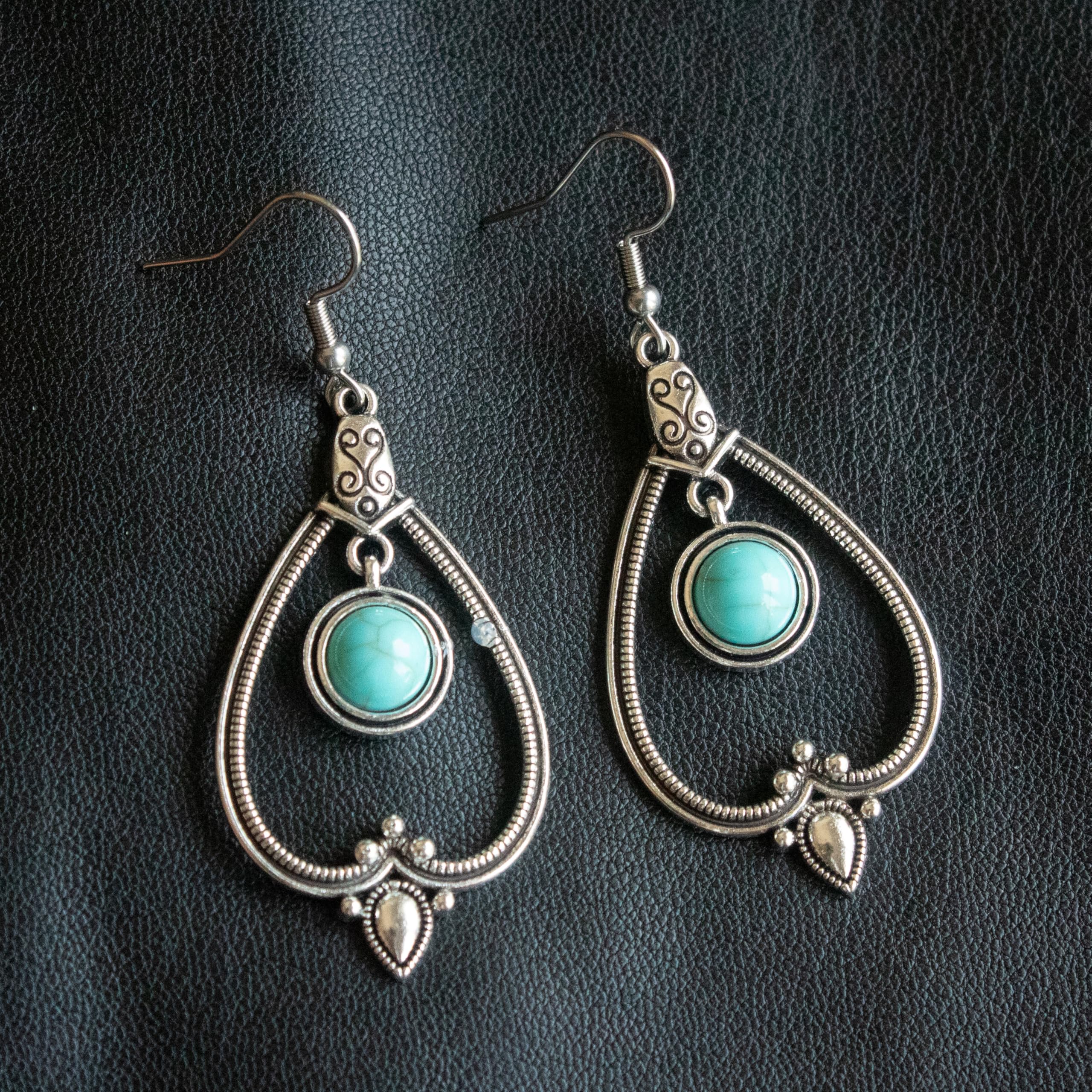Pendientes Mujer Bohemios con Piedra Turquesa Colgante Estilo Vintage Largos Forma de Gota Plata Tibetana