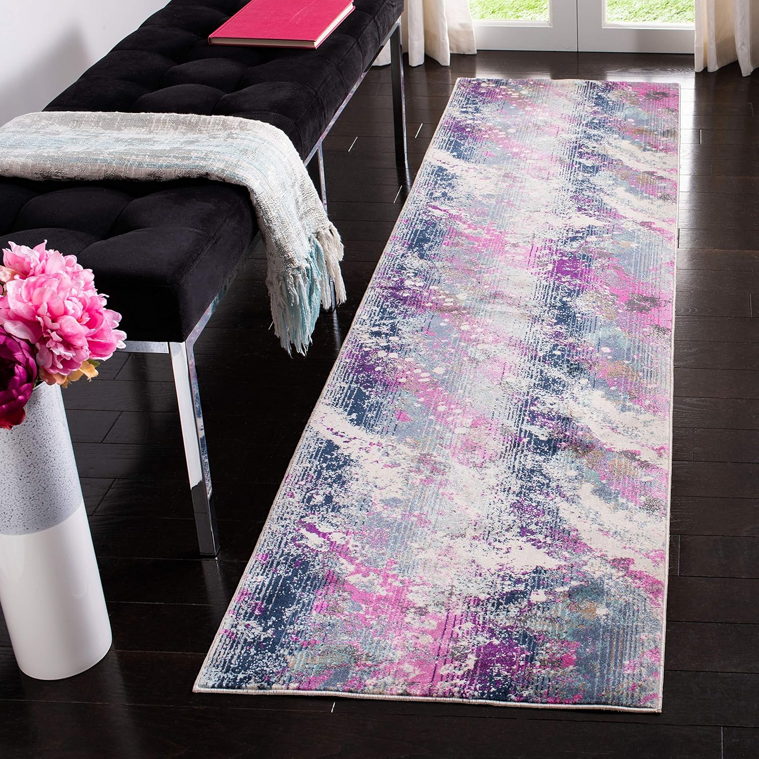 SAFAVIEH Radiance Collection Runner Rug - 2'2" x 8', Teal & Magenta, Abstract Boho Design, Non-Shedding & Easy Care, Ideal for High Traffic Areas in Living Room, Bedroom (RAD111B)