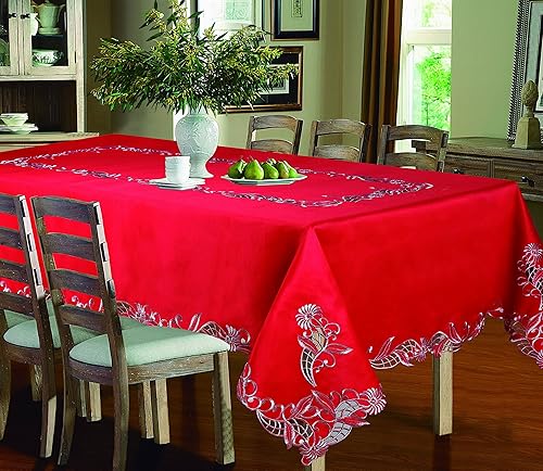 Royal Bedding Sydney Mantel de lujo, bordado y cortado a mano, mantel de cocina, 70 x 108 pulgadas, rojo y dorado