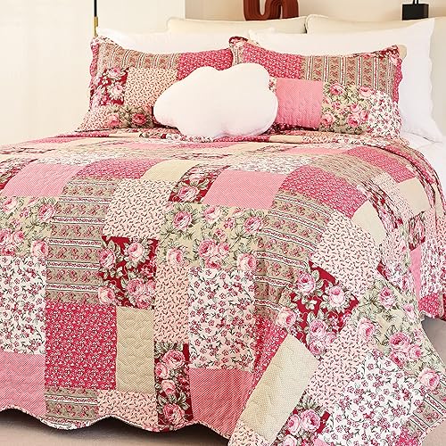 Cmfshape Summer Floral King Quilted Bedspread,Romantic Pink Quilt Set,Reversible Stitched Bedding Cover All Season,Soft Lightweight Coverlet with Pillow Cases (Hot Pink&Rose, King(102"x90"))