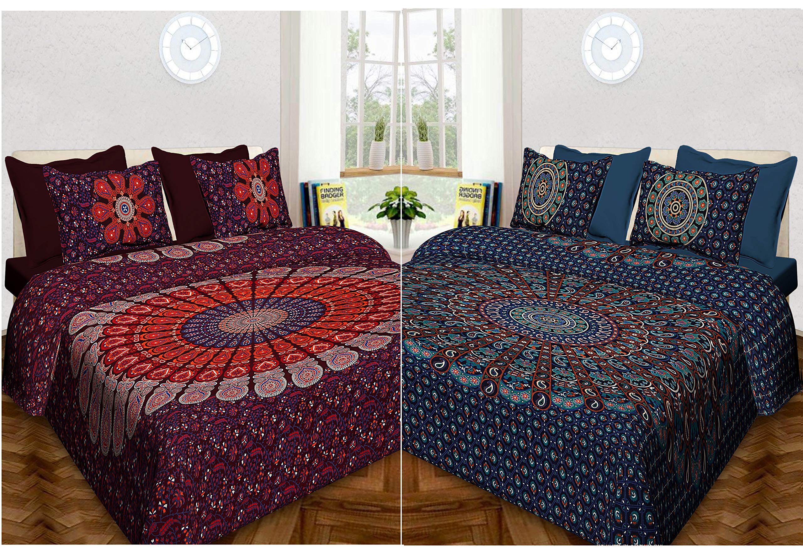 RHF Cotton King Size Naaptol Design Combo Bedsheets Set of 2 Double Bedsheets with 4 Pillow Covers(90X108 inch or 7.5 X 9 feet) (King- (7.5 X 8.5 Feet) Set of 2, Blue- Maroon-11)-image-0