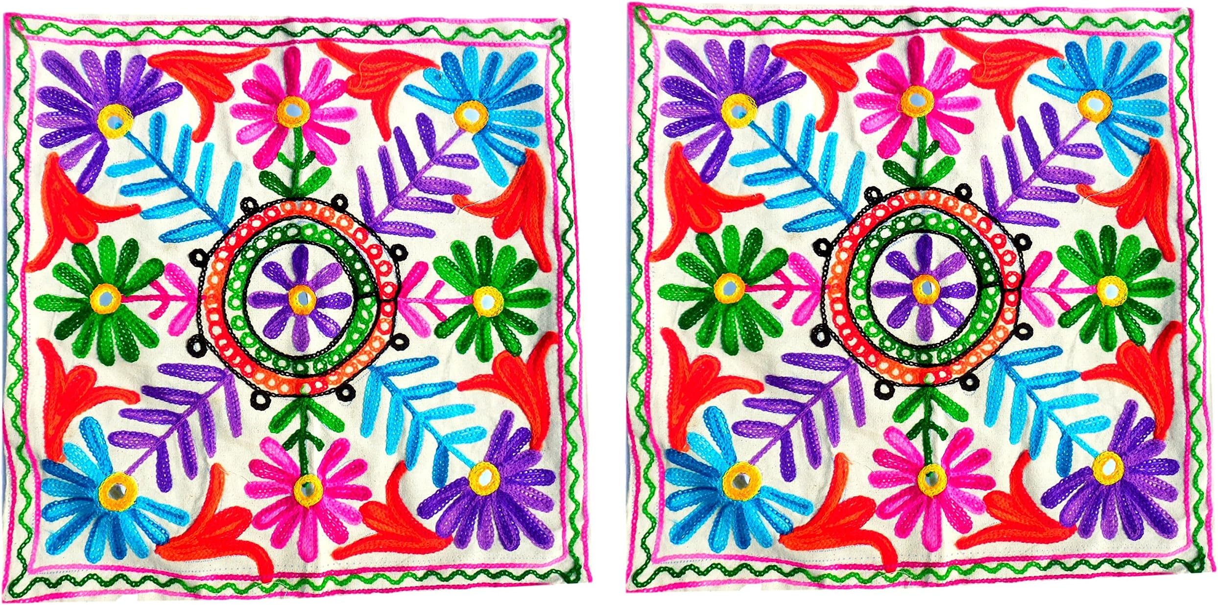 Handcrafted Woolen threads Embroidery Printed Cushion Covers Set of 2 -Throw Pillow Covers Cotton Fabric Indian Home Furnishing Decorative 16x 16 Inch-UP-CC011