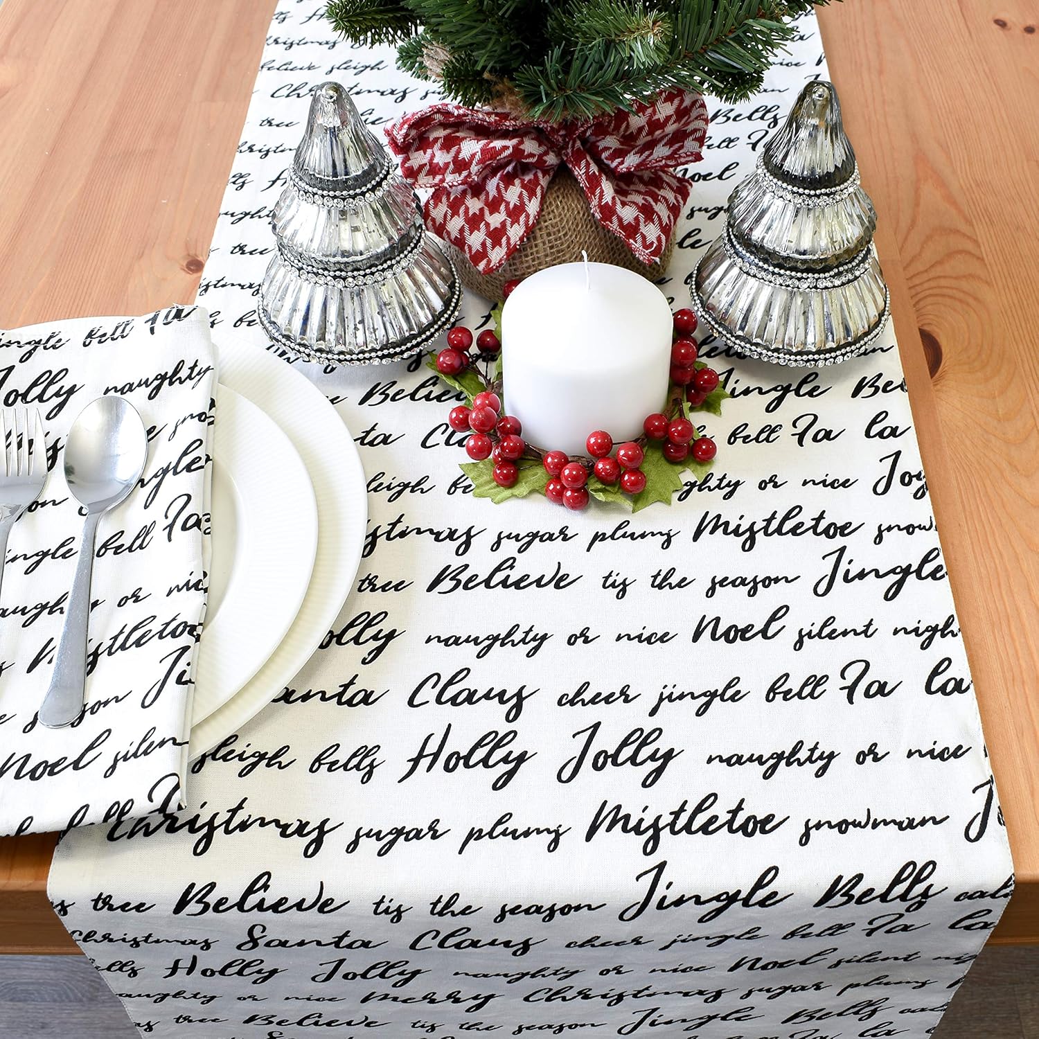 Christmas Table Runner for Holiday Decor (Off-White, 14x80 inch, Pack of 1) Fabric Lined | Properly Finished, No Fray Edges | for Home, Kitchen, Dining Room, Holiday