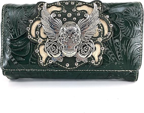 Tooled Winged Sugar Skull Roses Laser Cut Wristlet Trifold Wallet Attachable Long Strap