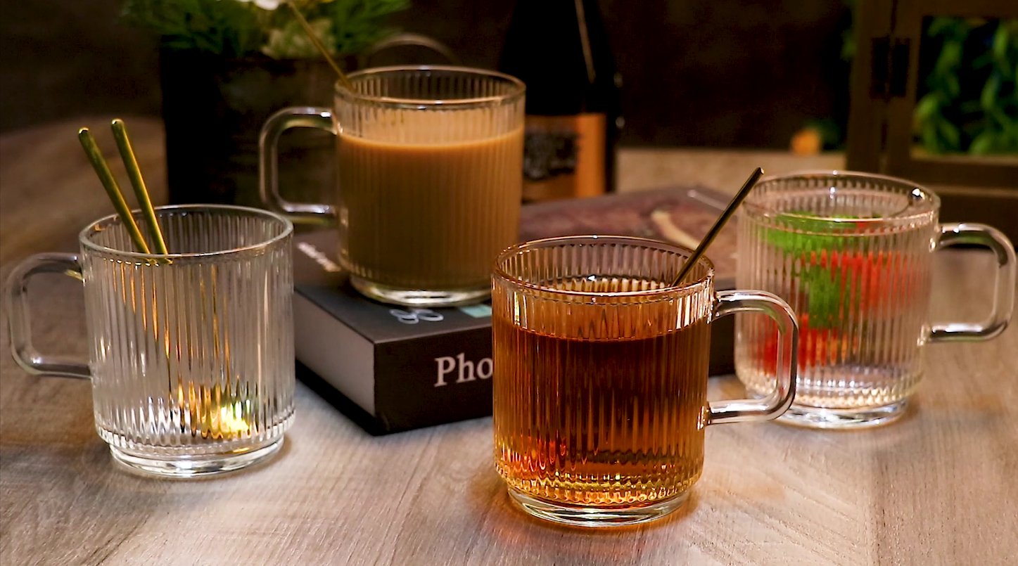 Ymyaye Clear Glass Coffee Mug Set of 4, 12 Ounces Ribbed Glassware with  Spoon, Classic Vertical Stripes Tea Mugs for Soda, Latte, Espresso,  Cappuccino, Gift for Birthday Holidays Wedding Anniversary : Home & Kitchen  - Amazon.com