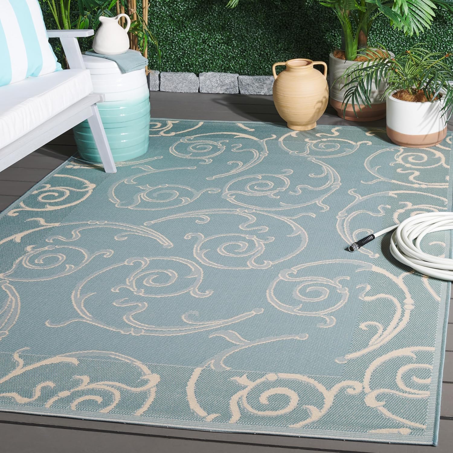 SAFAVIEH Washable Rug Outdoor Courtyard Collection - 5'3" x 7'7", Aqua Blue & Cream, Non-Shedding & Easy Cleaning, Ideal for Patio, Backyard, Mudroom (CY6108-25)