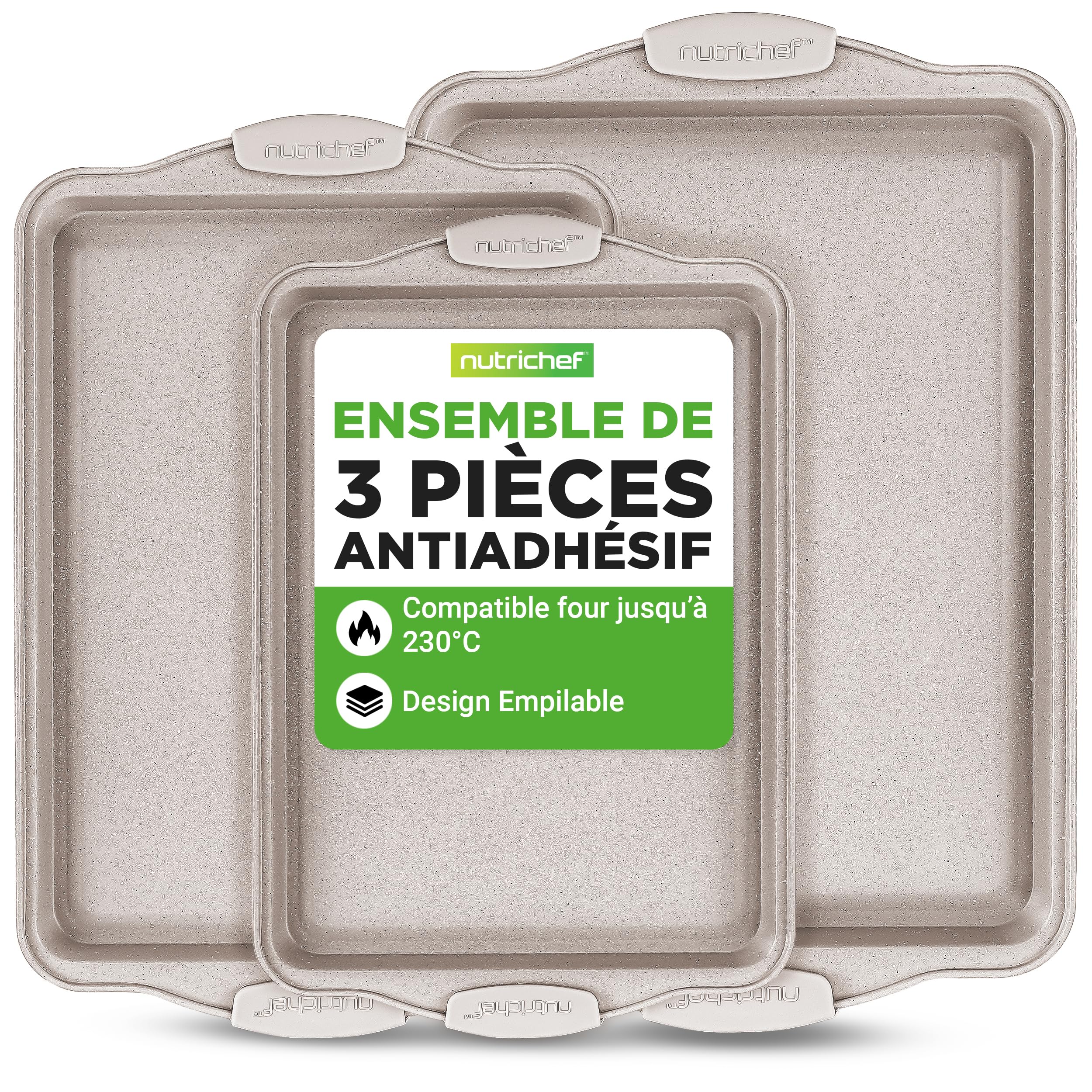 NutriChef Set de 3 Plaques à Pâtisserie Antiadhésives pour Biscuits - Poêles en Acier au Carbone de Haute Qualité avec Poignées en Silicone Noire - Répartition Uniforme de la Chaleur, Sans PFOA/PFOS/