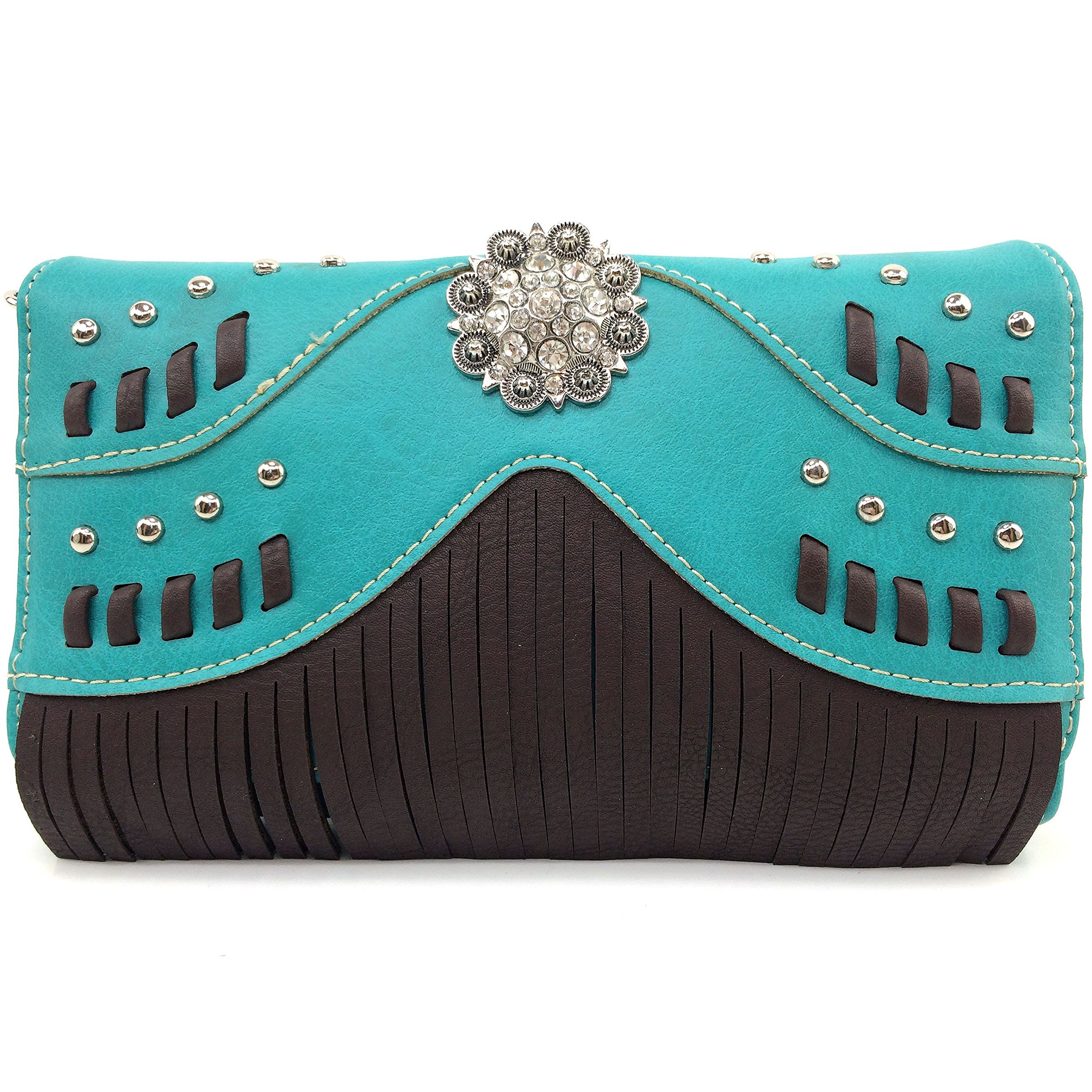 Justin West Western Tooled Rhinestone Concho Weaved Leather Fringe Chain Shoulder Handbag Purse with Concealed Carry