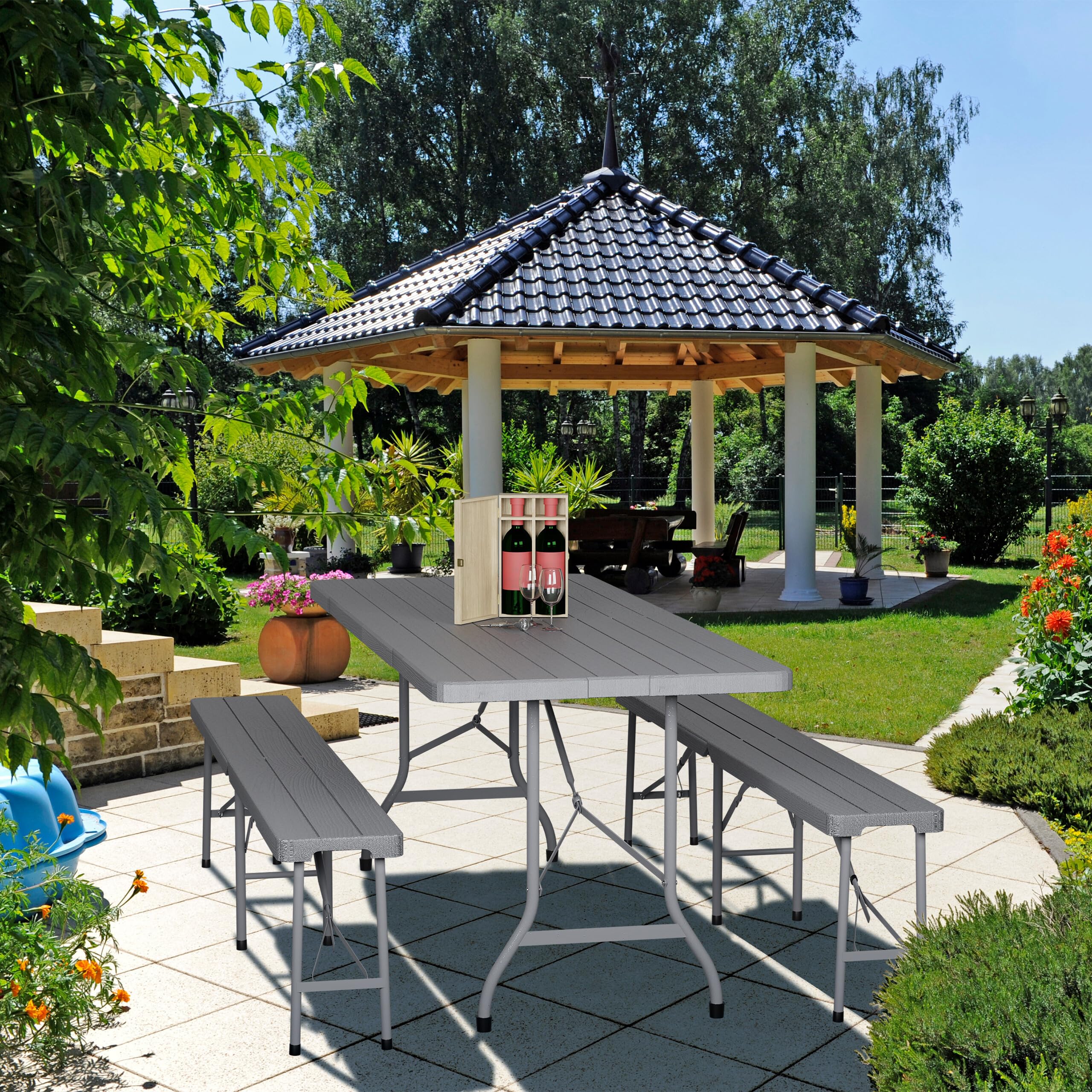 Relaxdays Conjunto Jardín Portátil, 3 Piezas, Mesa Recepción, 2 Bancos Plegables, Exterior, Efecto Madera, Gris