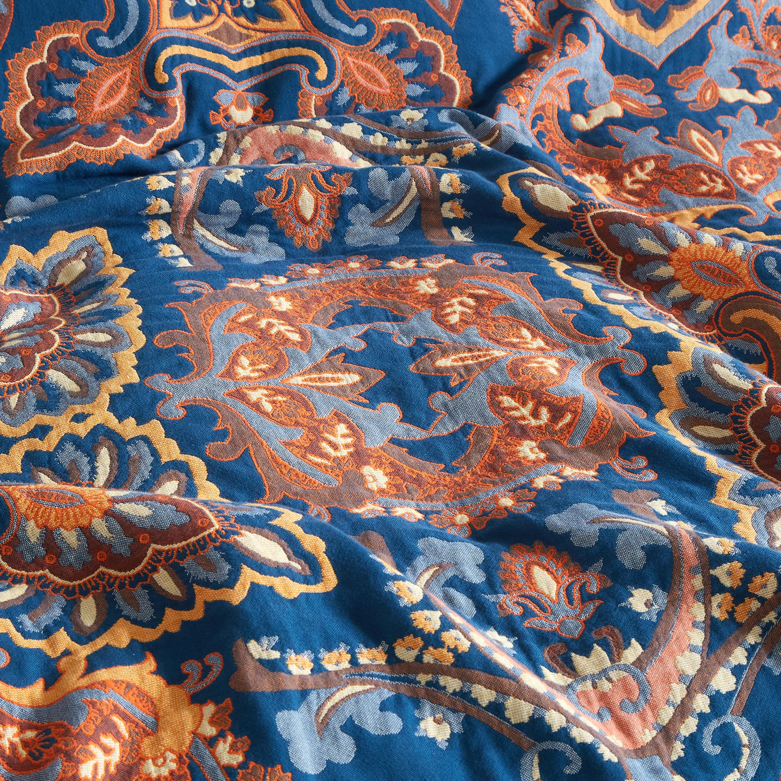 SE SOFTEXLY Manta Boho, 100 % algodón, muselina de doble cara, manta boho, 230 x 250 cm, manta de patchwork para sofá y colcha, ideal para sala de estar y dormitorio, naranja y verde