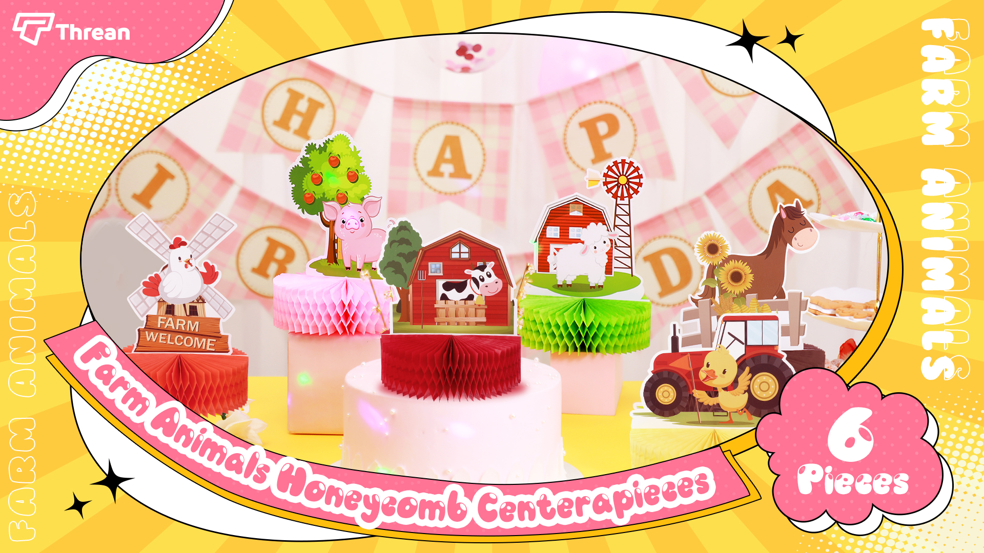 Kotkiddy Farm Tiere Party Deko - 6 Stück Honeycomb Tischdekoration Für Kindergeburtstag