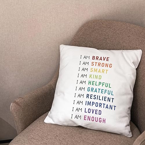 Miniatura 5 de Funda de almohada de afirmaciones positivas de arcoíris de 18 x 18 pulgadas, funda de almohada decorativa inspiradora con texto en inglés "I am