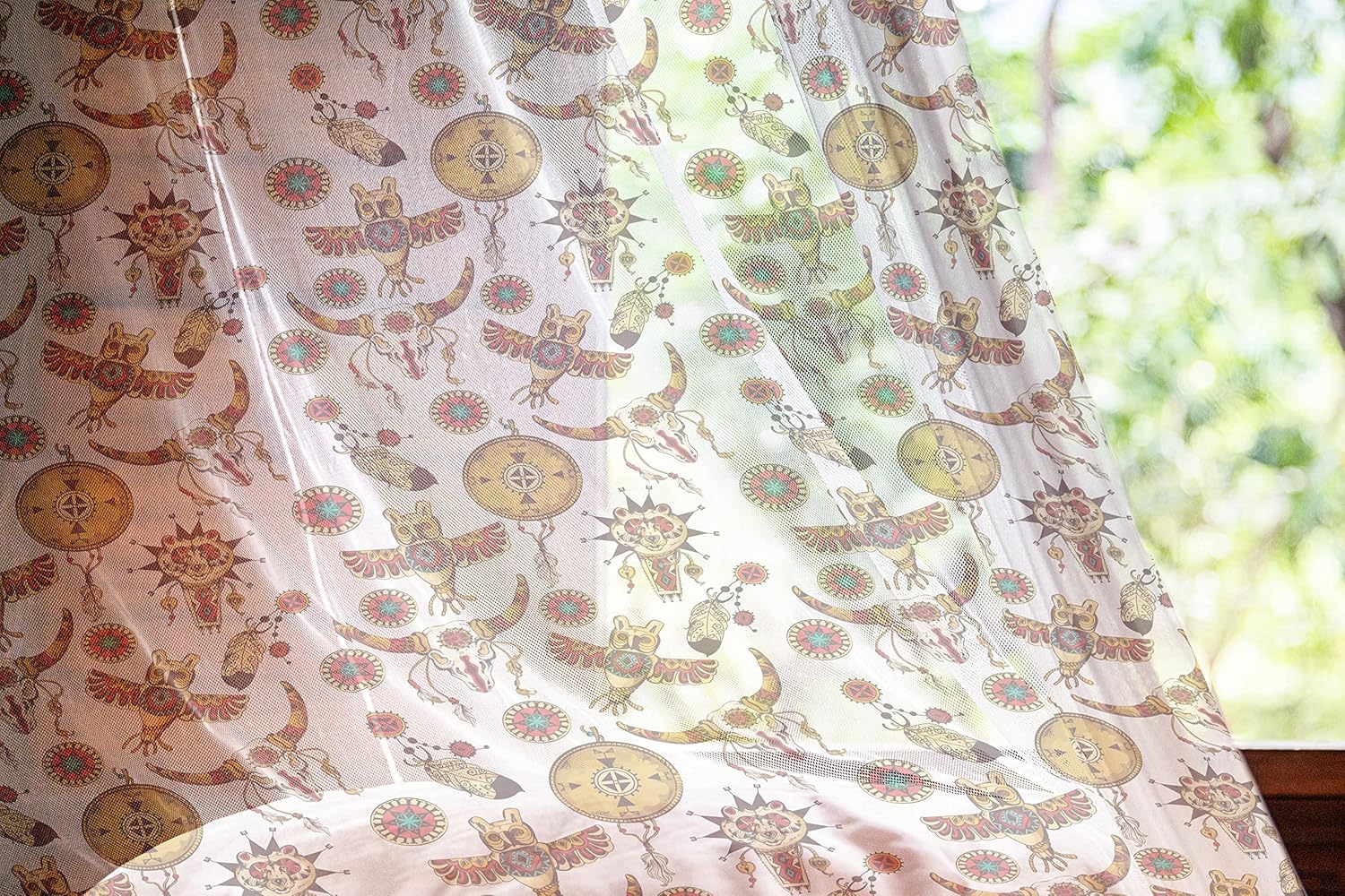 Lunarable Tribal Tulle Curtains with Rod Pocket, Folk Dreamcatchers Totem Animal Skulls Owl Goat Feather Print, Sheer Drape for Wedding Party 2 Panels, 108" x 63", Vermilion Beige