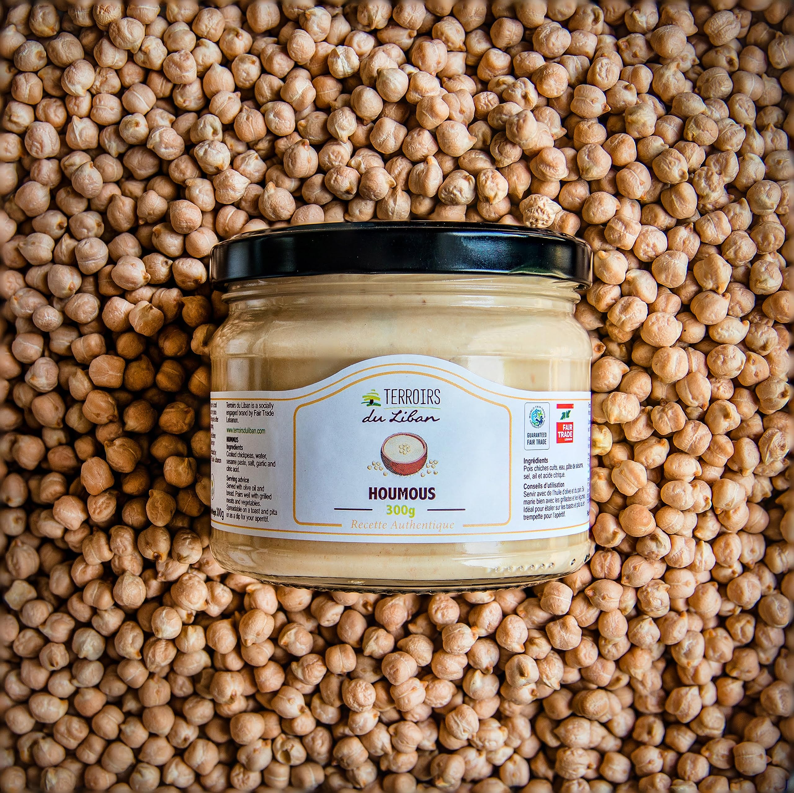 Houmous Libanais Authentique- Tartinade de Pois Chiches et Tahini- Vegan, Riche en Protéines & Fibres- Idéal pour Mezzés, Toasts et Grillades- Certifié Commerce Equitable- 3 x 300g- Terroirs du Liban