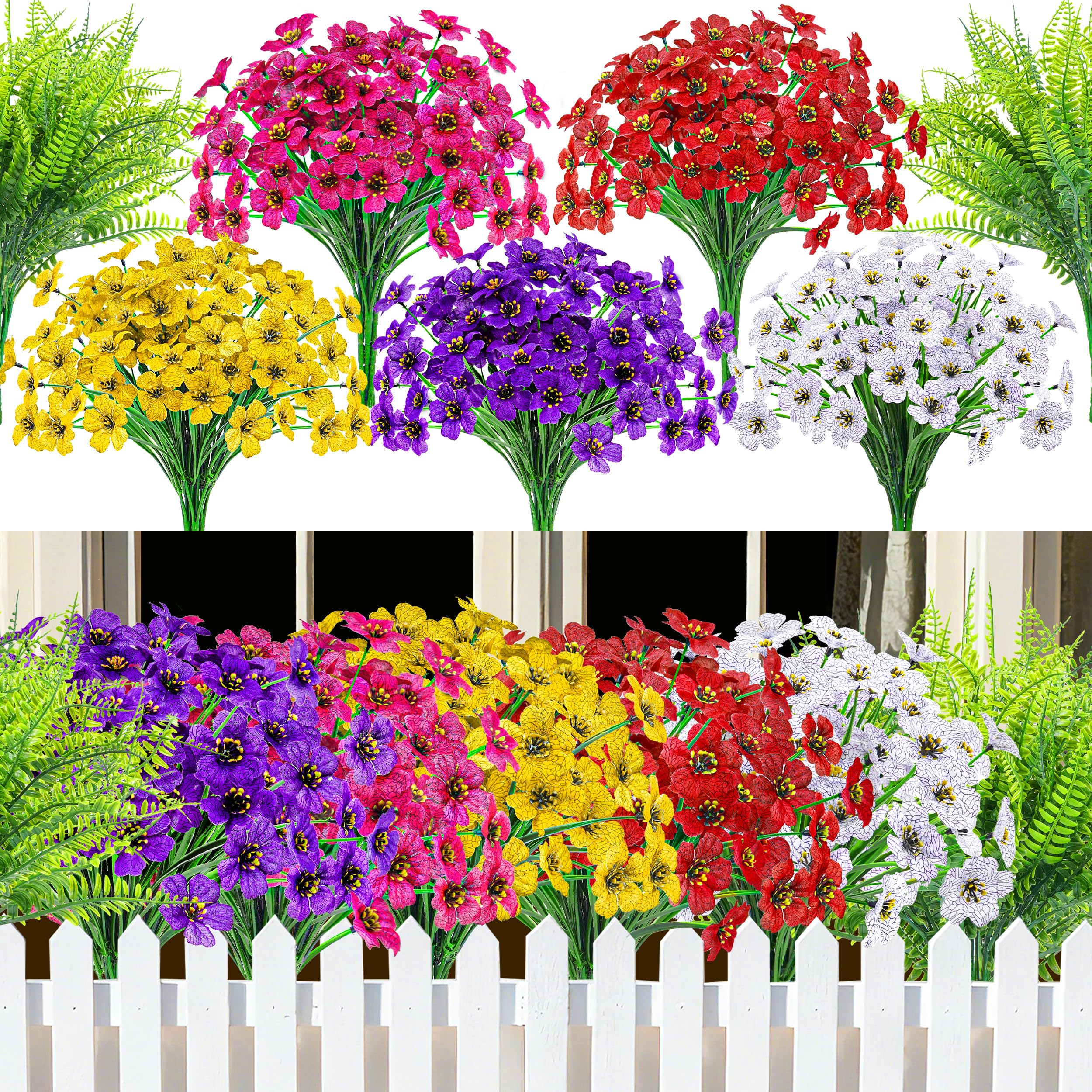 Der Rose 24 Bundles Artificial Flowers for Outdoors Fake Ferns UV Resistant Faux Spring Flowers for Outdoor Planters Home Garden Patio Front Porch