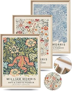 UPWOIGH Framed Wall Art(No Plexiglass), William Morris Wood Canvas Wall Art,12x16in Cotton Pattern Vintage Poster Wall Decor Aesthetic for Living Room Bedroom, Colorful Plants Flowers Neutral Wall Decor Set of 3