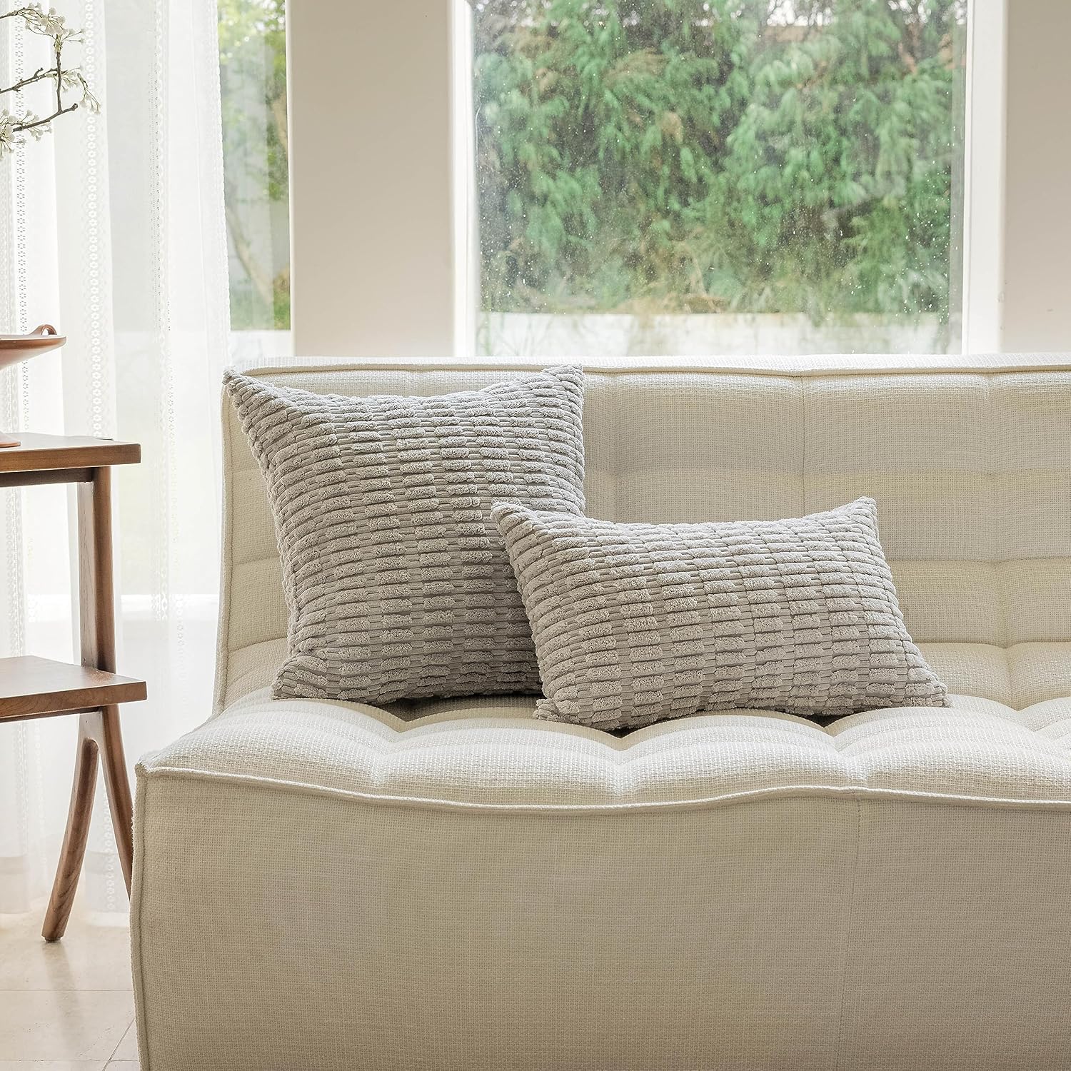Home Brilliant 26 x 26 Throw Pillow Covers Soft Corduroy Pillow Cover Solid Striped Plush Gray Euro Sham for Patio Curtyard Porch, Set of 2, 26 x 26 inch, Light Grey