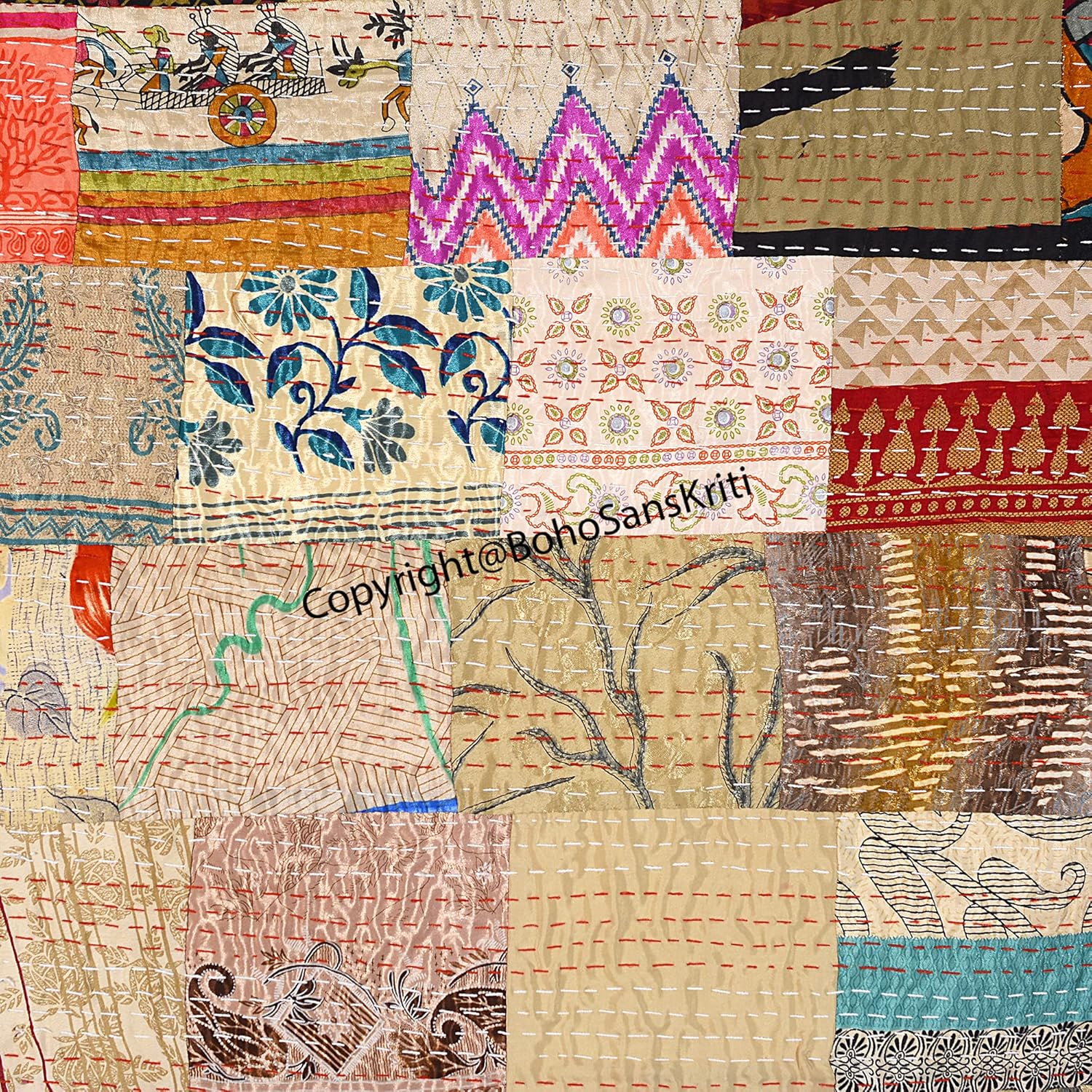 Boho Sanskriti Indian Silk Patchwork Kantha Quilts Queen Twin Size Patola Bedspread Throws Bedding Comforter Hand Quilted Blankets Premium Bohemian Bed Cover for Mix Beige Color Shades Patches