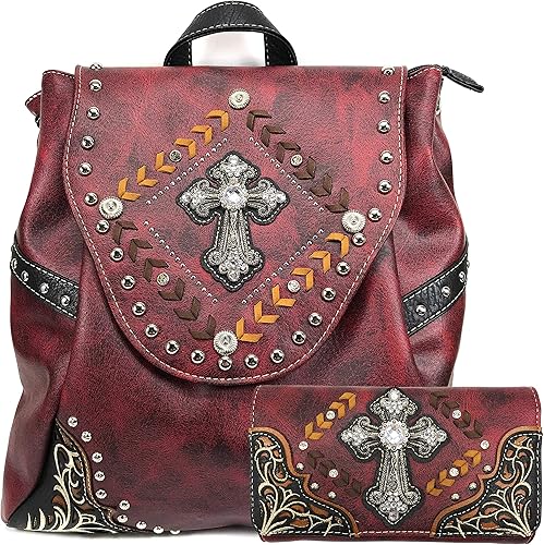 Justin West Moda Western Cross Rhinestone Ocultar Llevar Mujer Mochila Monedero