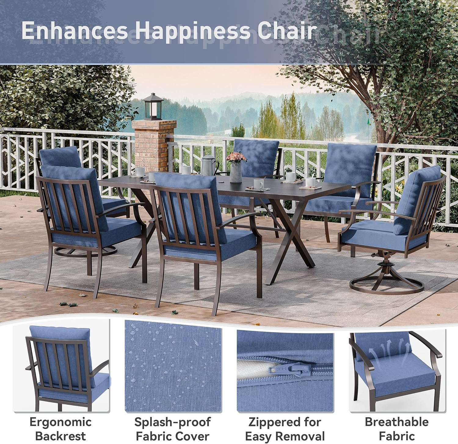 Kurapika 7 Pieces Patio Dining Set Outdoor Furniture with 2 Swivel Chairs and 4 Fixed Chairs, Metal Patio Furniture Set 6 Chairs and Large Table with Umbrella Cutout for Yard Porch Deck, Navy Blue