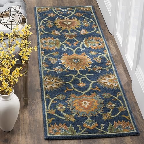 SAFAVIEH Heritage Collection - Alfombra de pasillo, 2 pies 3 pulgadas x 8 pies, azul marino, hecha a mano, lana oriental tradicional, ideal para