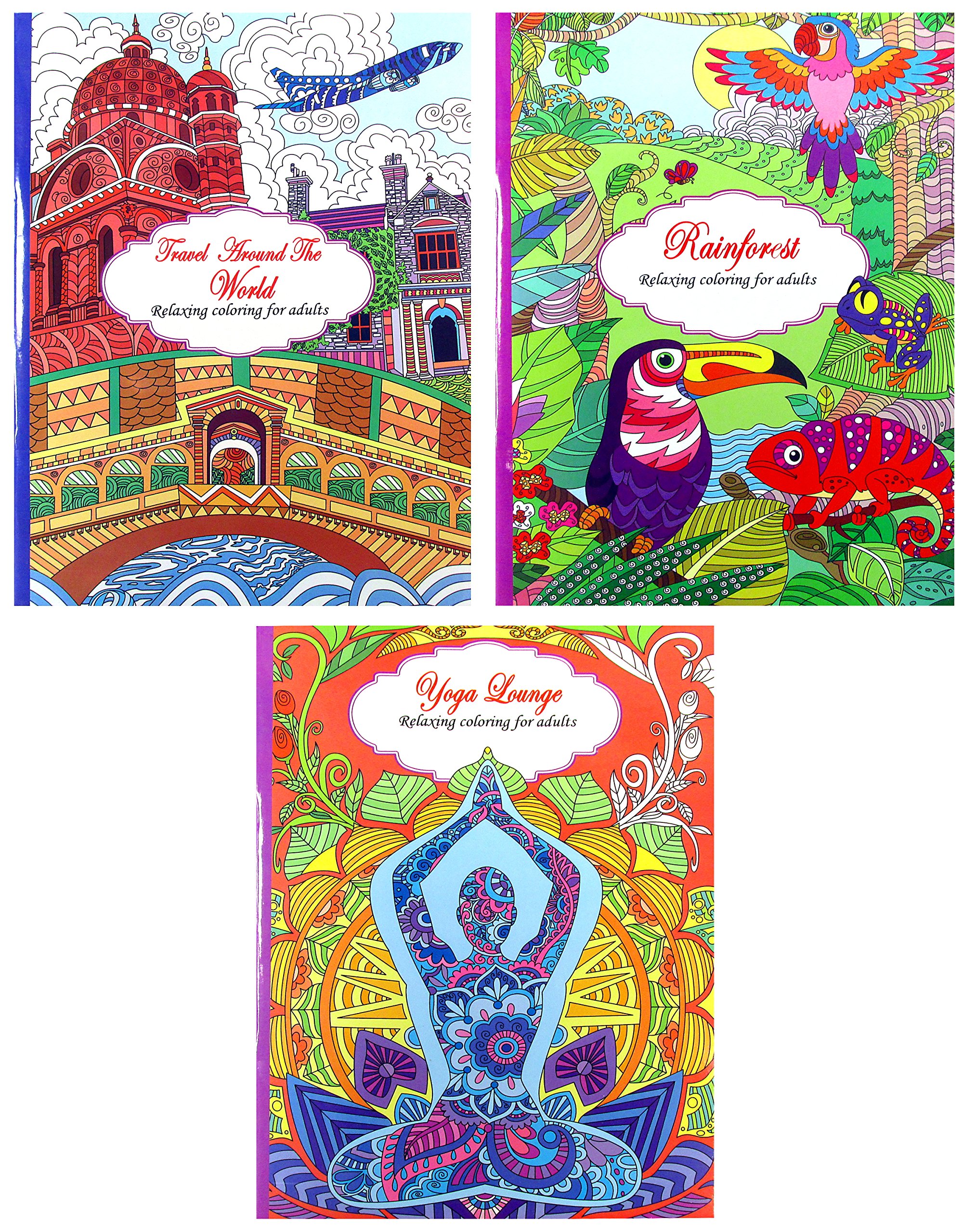 Adult Coloring Book Set: World Travel, Rainforest Designs, and Yoga Lounge (3 Book Set) - Each Book Contains 24 Quality Single Sided Thick Tear-Out Pages!