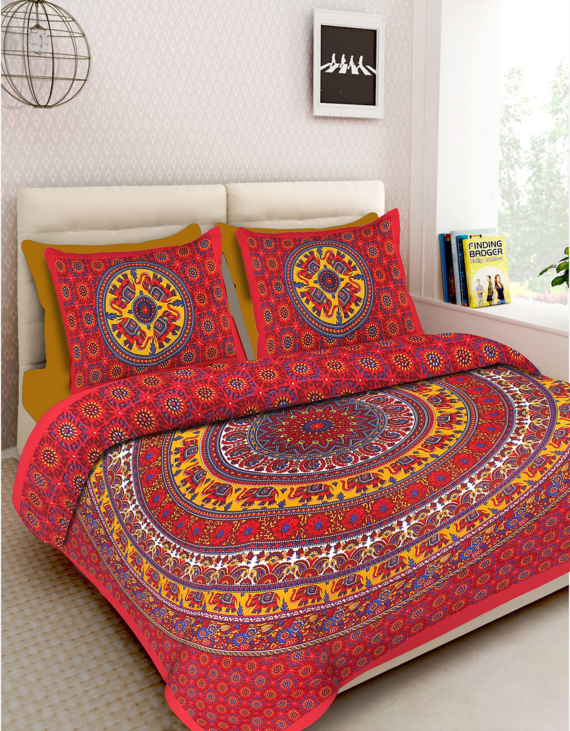 RHF Cotton Double Bedsheet with 2 Pillow Covers - Orange and White (Multicolor-6, Double) 2