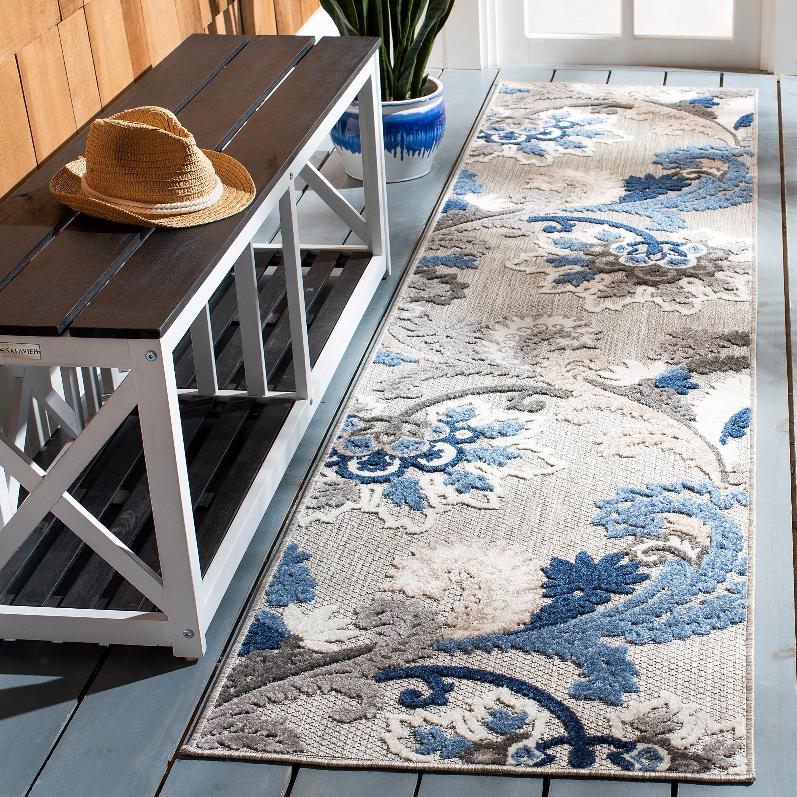SAFAVIEH Washable Rug Outdoor Cabana Collection - 2'2" x 11' Runner, Grey & Blue, Non-Shedding & Easy to Clean, Ideal for Patio, Backyard, Mudroom (