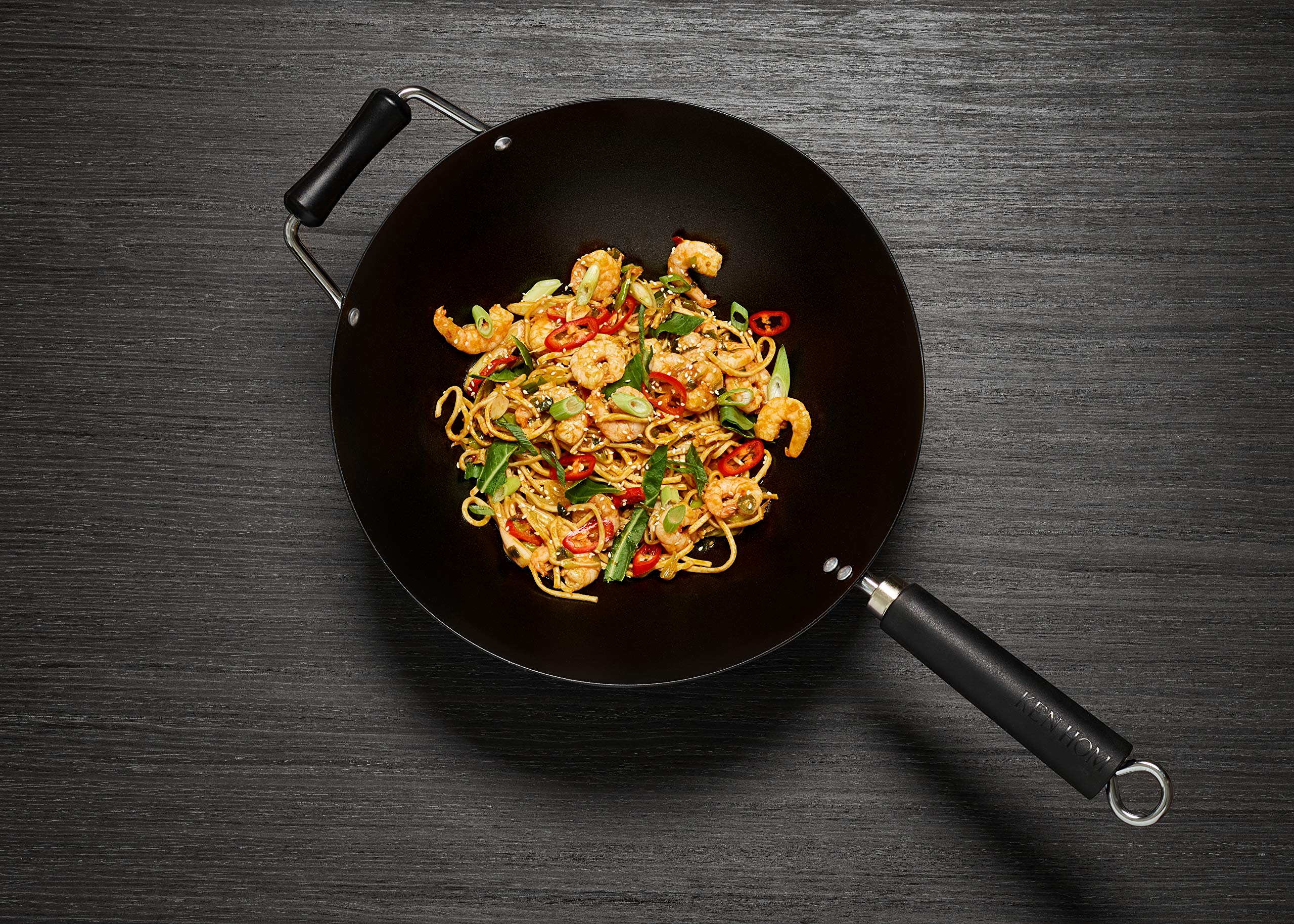 Ken Hom Set Wok 4 Pezzi Antiaderente Acciaio al Carbonio, 31cm, Excellence, Padella a Induzione/Compatibile con Utensili in Metallo, Lavabile in Lavastoviglie, 5 Anni di Garanzia
