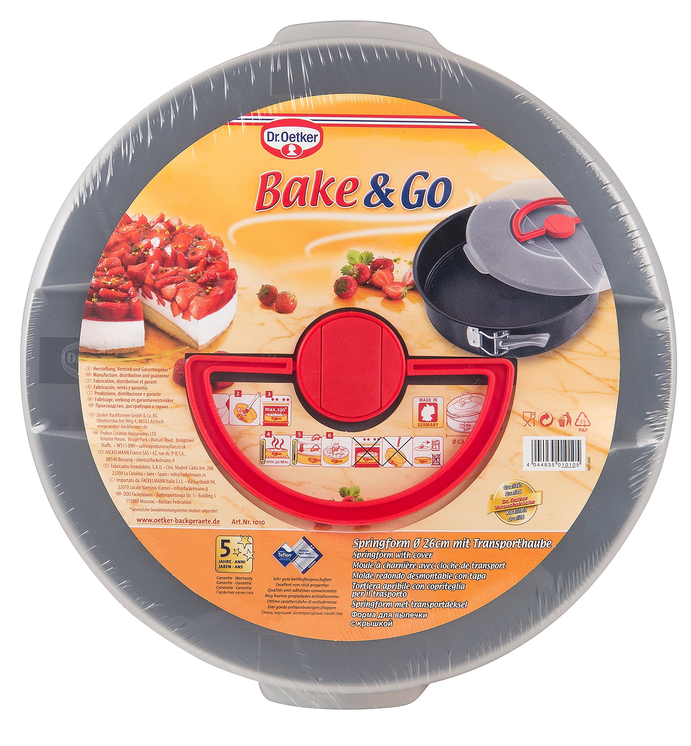 Dr. Oetker Rechteck-Springform mit Haube 38 x 25 cm Emaille, eckiges Kuchenblech, 1 Stück & Bake & Go Springform Ø 26 cm mit Transporthaube Kuchentransportbox mit Antihafteigenschaften, 1 Stück