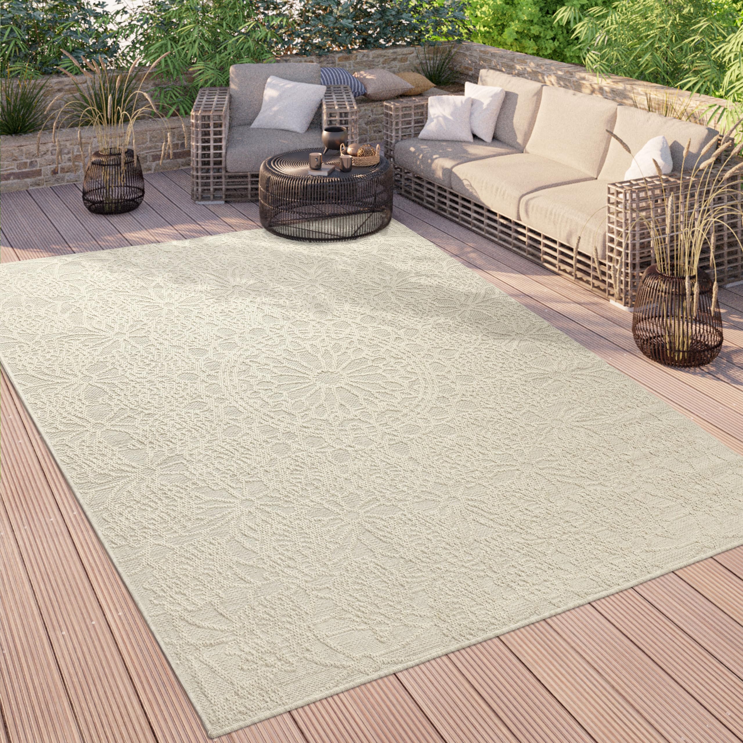 Paco Home Outdoor Teppich Wetterfest Balkon Küche Wohnzimmer Orientalisches Muster Vintage Optik Einfarbig 3D Modern, Grösse:80x150 cm, Farbe:Creme 3