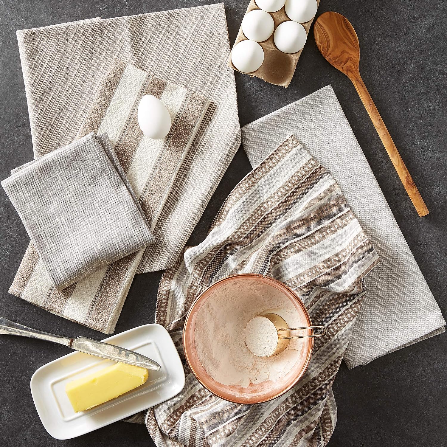 DII Kitchen Towels (Gray, 16x26"), Ultra Absorbent & Fast Drying, Professional Grade Cotton Tea Towels for Everyday Cooking and Baking - Assorted Patterns, Set of 5