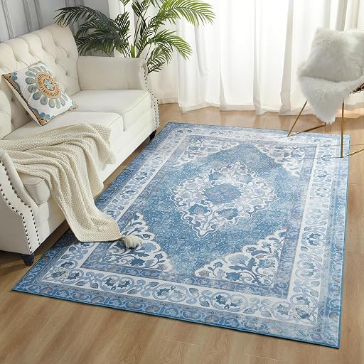 Living Room Rug 5x8 Area Rug for Bedroom Boho Rug Blue Persian Rug