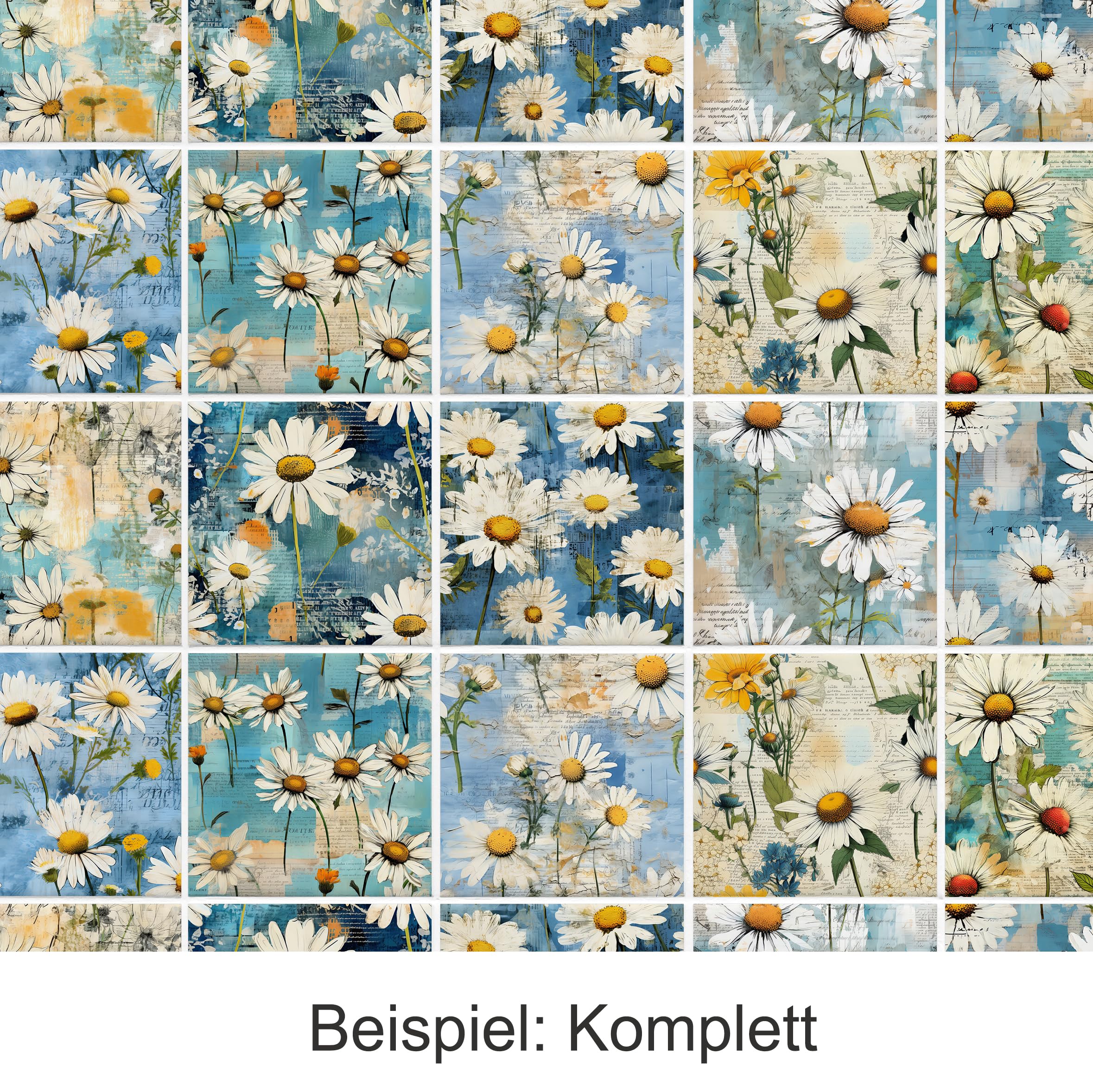 GRAZDesign Fliesenaufkleber Bad & Küche Blumen Muster Gänseblümchen, Klebefliesen selbstklebend - 15x15cm / 50 Stück