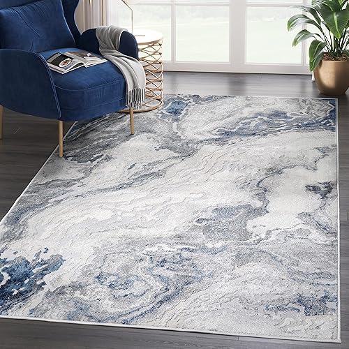 Miniatura 1 de Abani Atlas - Alfombra de 4 x 6 pies, color azul y gris, mármol abstracto, duradera, no desprende pelusa, fácil de limpiar