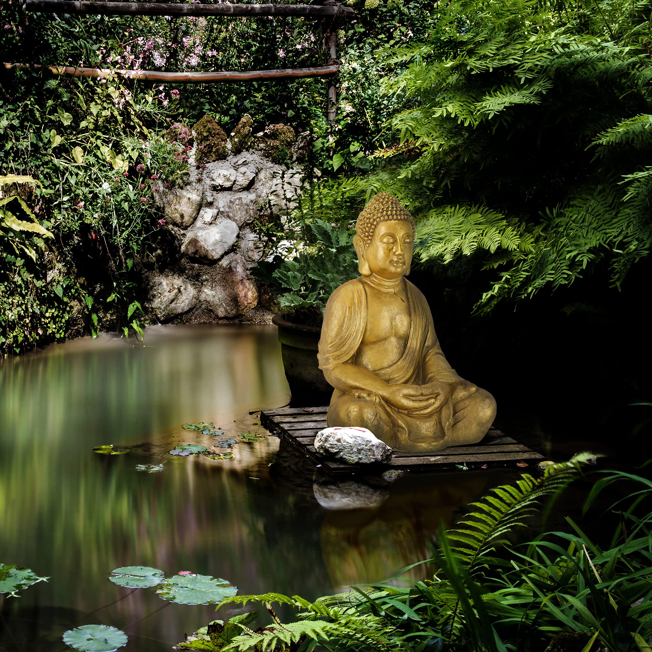 Relaxdays Estatua Buda Jardín, Resistente a la Intemperie y Las Heladas, Figura Buda Sentado XL, 70 x 45 x 35 cm, Dorado