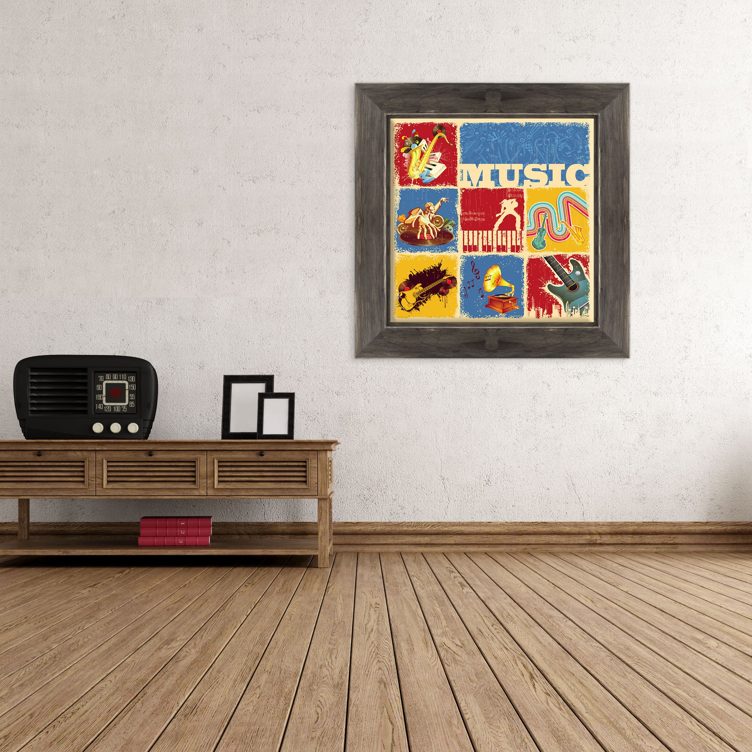 Quadro su Tela Canvas INTELAIATO - con Cornice - Musica Arte - Deejay Set - Pop Jazz Rock Blues - Graphic Design - 50x50cm - Stile Country Nero Shabby - (cod.236)