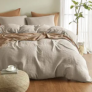 SE SOFTEXLY Muslin Duvet Cover California King Size, 100% Washed Cotton Duvet Cover Set, Soft Comforter Cover Linen Like, 3 Pieces Minimalist Gauze Duvet Cover with 2 Pillowcases, 98"x104", Beige