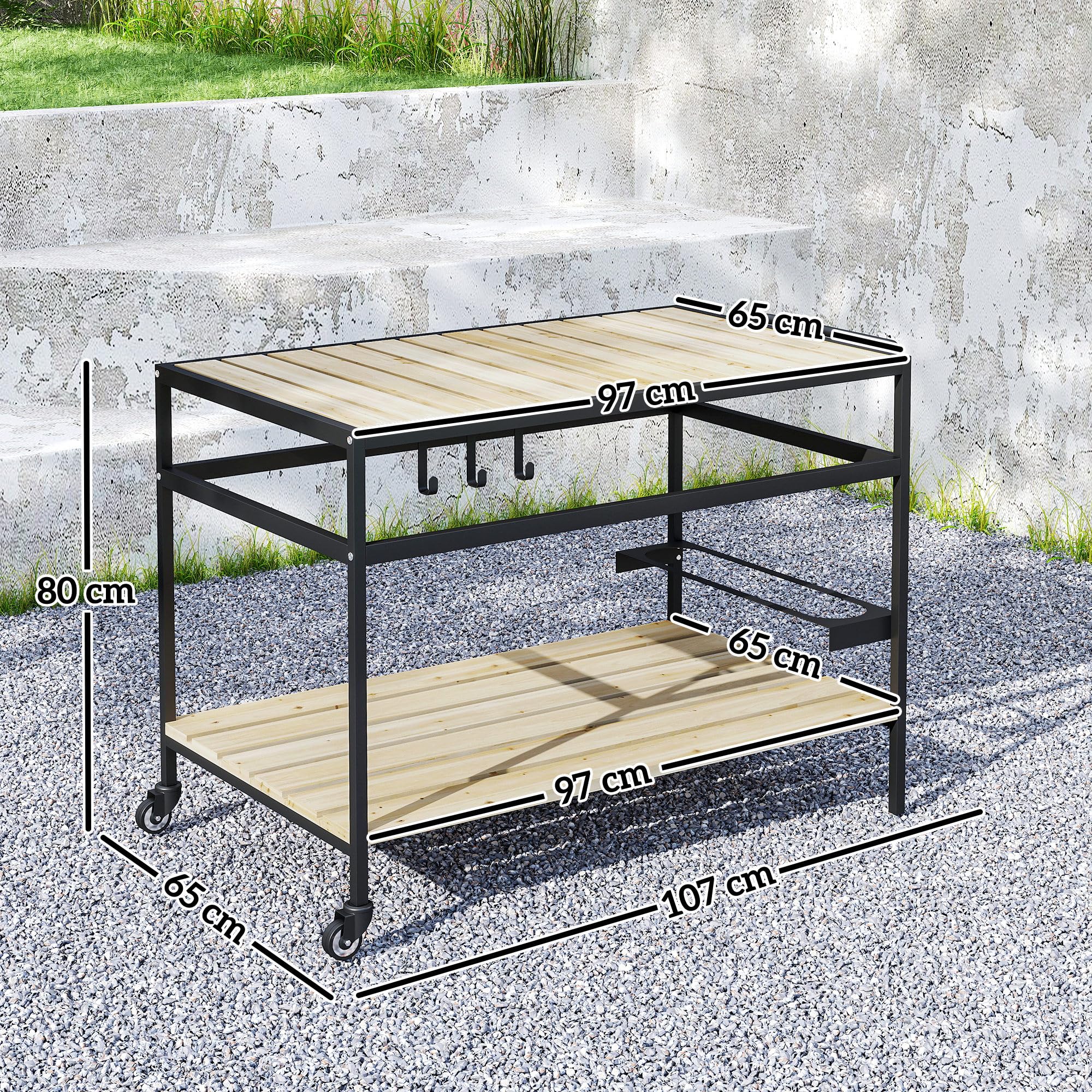 Outsunny Camarera con Ruedas de Madera Carro de Servicio con Encimera de Listones 2 Estantes 3 Ganchos y Asa para Jardín Terraza Patio 107x65x80 cm Natural