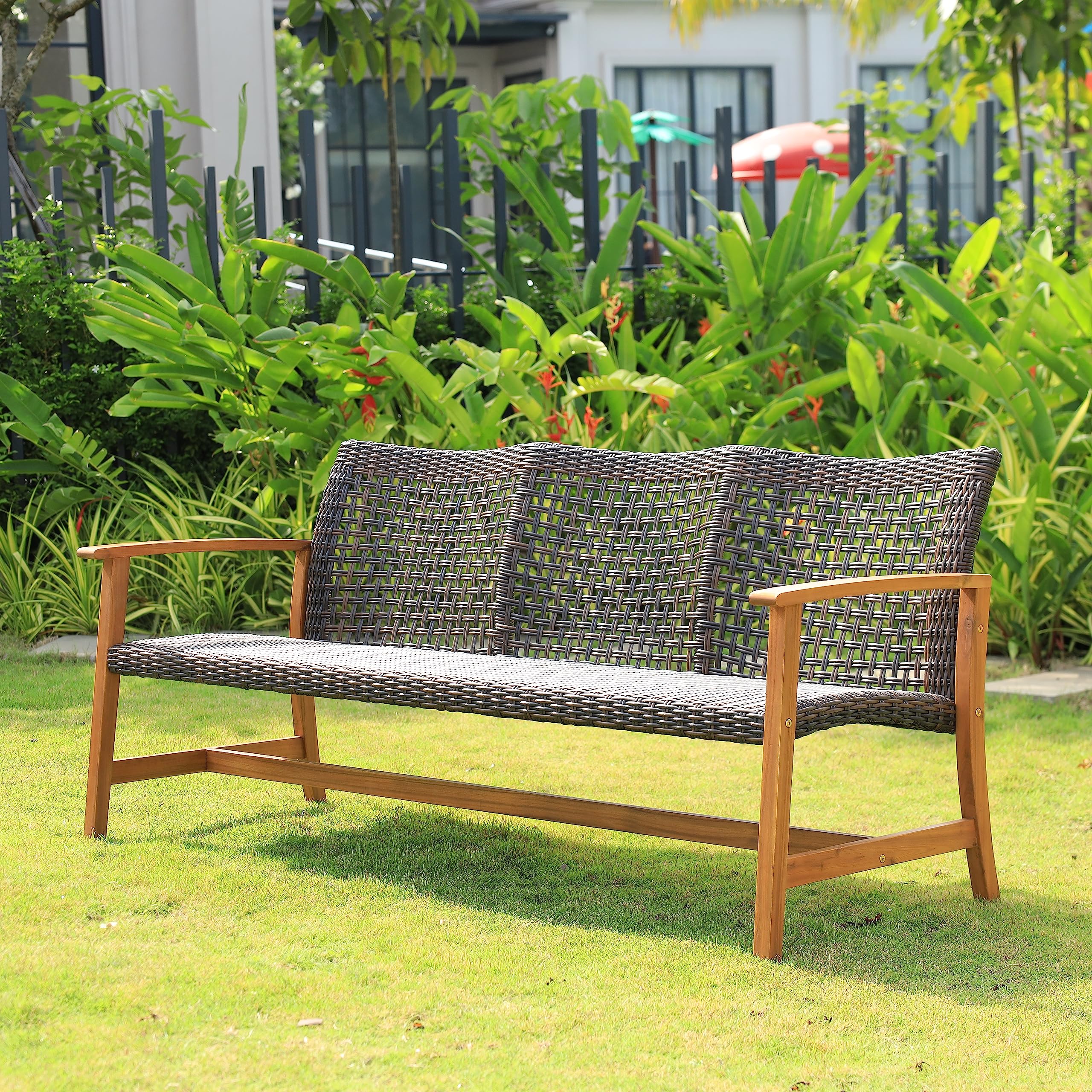 Idzo Trinite 1000lbs Capacity Acacia Outdoor Sofa, FSC Certified 3 Seater Patio Couch with Upgraded 2000Hours UV Resistant Wicker, Teak Finish Furniture Set