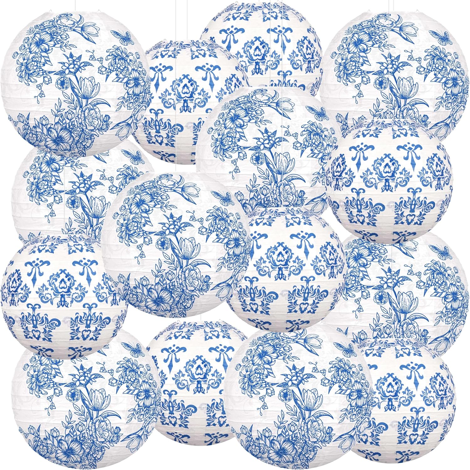 15Pcs Chinese Paper Lanterns Decorations Chinoiserie Decor Blue and White Porcelain Lantern Hanging for Mid Autumn Festival Party Wedding Home Birthday Outdoor Indoor