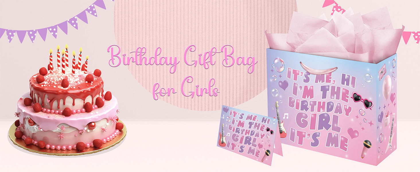 Eaureum It's Me Hi I'm The Birthday Girl Gift Bag for Girls, Purple Pink Blue Birthday Gift Bag Party Decorations for Girls Daughter Granddaughter Friends