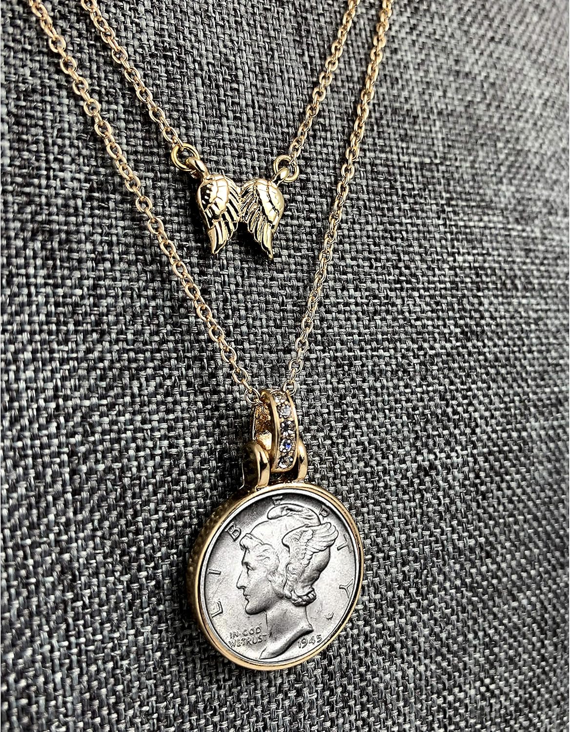 Coin Necklace Angel Wings Double Cable Chain– Genuine Mercury Dime | Goldtone 18” and 16” Chain Lobster Claw Clasp | Certificate of Authenticity