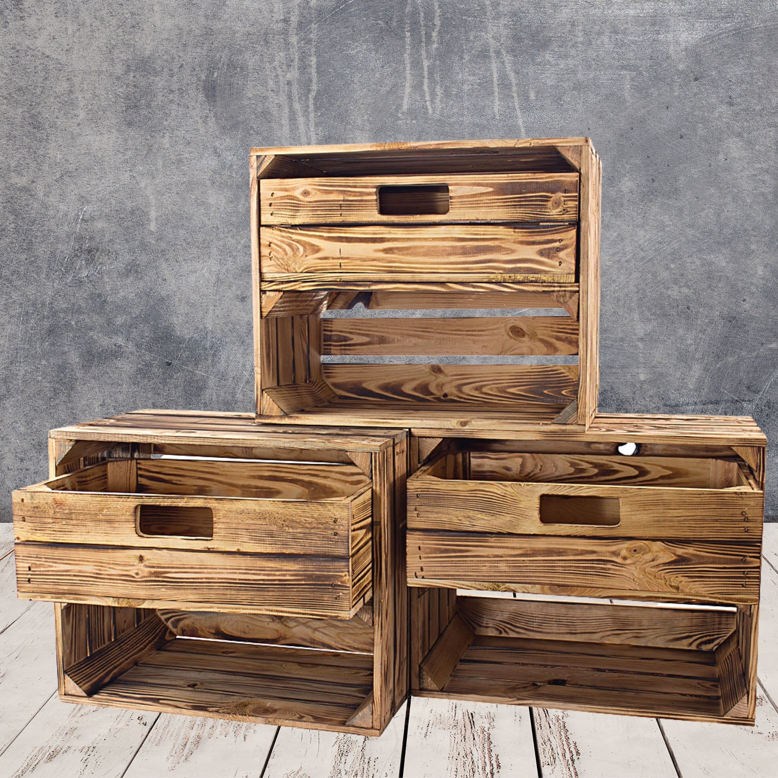 3 geflammte/flambierte Apfelkisten mit Schublade und Fach 50cm x 40cm x 30cm Regal Holzkiste Kiste Obstkiste