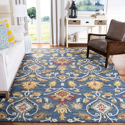 SAFAVIEH Blossom Collection Area Rug - 10' x 14', Navy & Multi, Handmade Wool, Ideal for High Traffic Areas in Living Ro