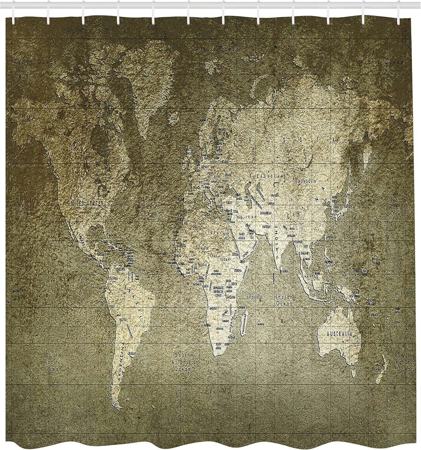 Ambesonne Antique Shower Curtain, Old World Map with Texture Nostalgic Plan Atlas Trace of Life World, Cloth Fabric Bathroom Decor Set with Hooks, 69" W x 70" L, Khaki Beige