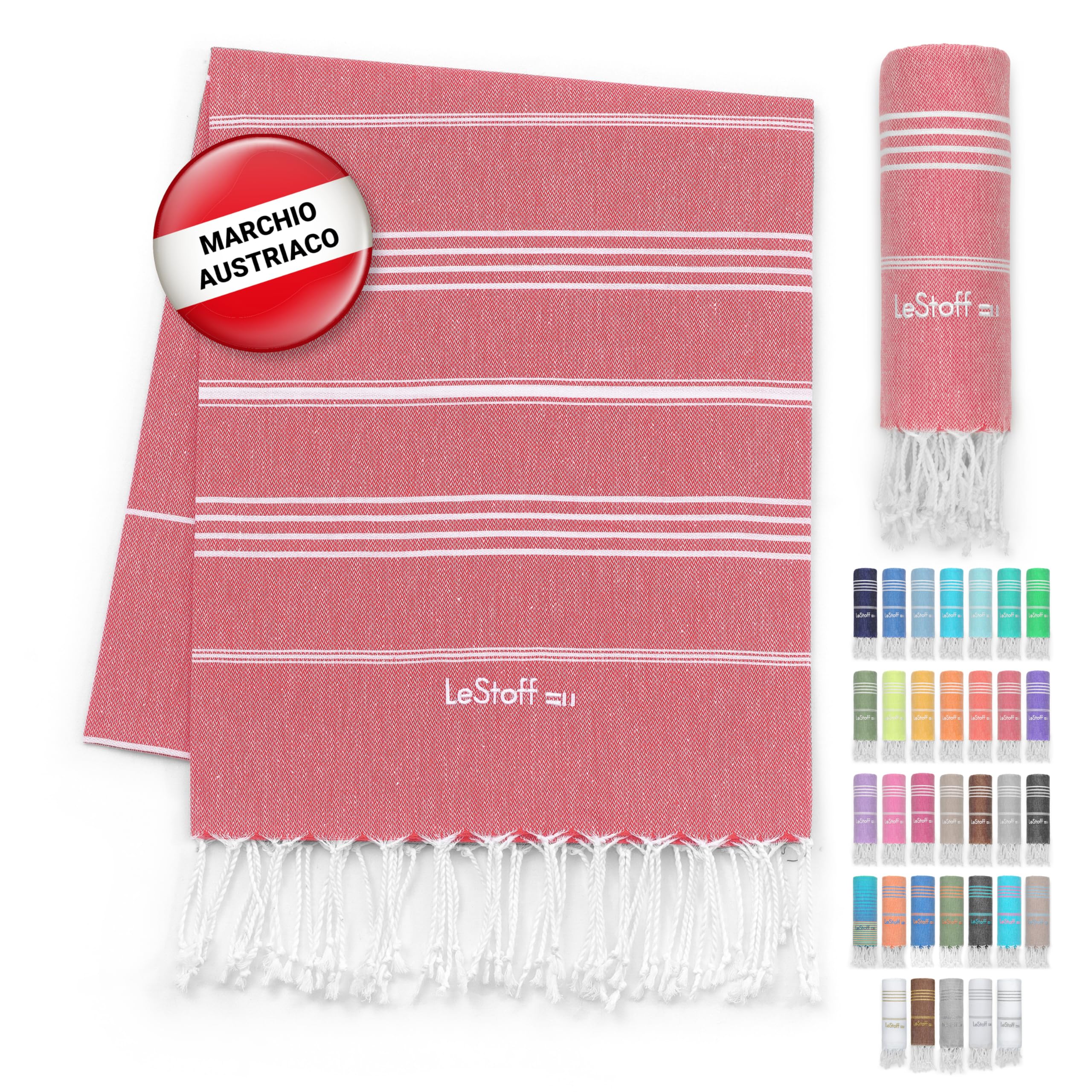 LeStoff Telo mare - 100% Cotone bio, 95 x 180 cm, Prelavato, Assorbente, Asciugatura Rapida, Leggero, Fouta, Telo Spiaggia, Telo Bagno, Telo Yoga, Telo Sauna, Asciugamano Sportivo, Coperta (Red)