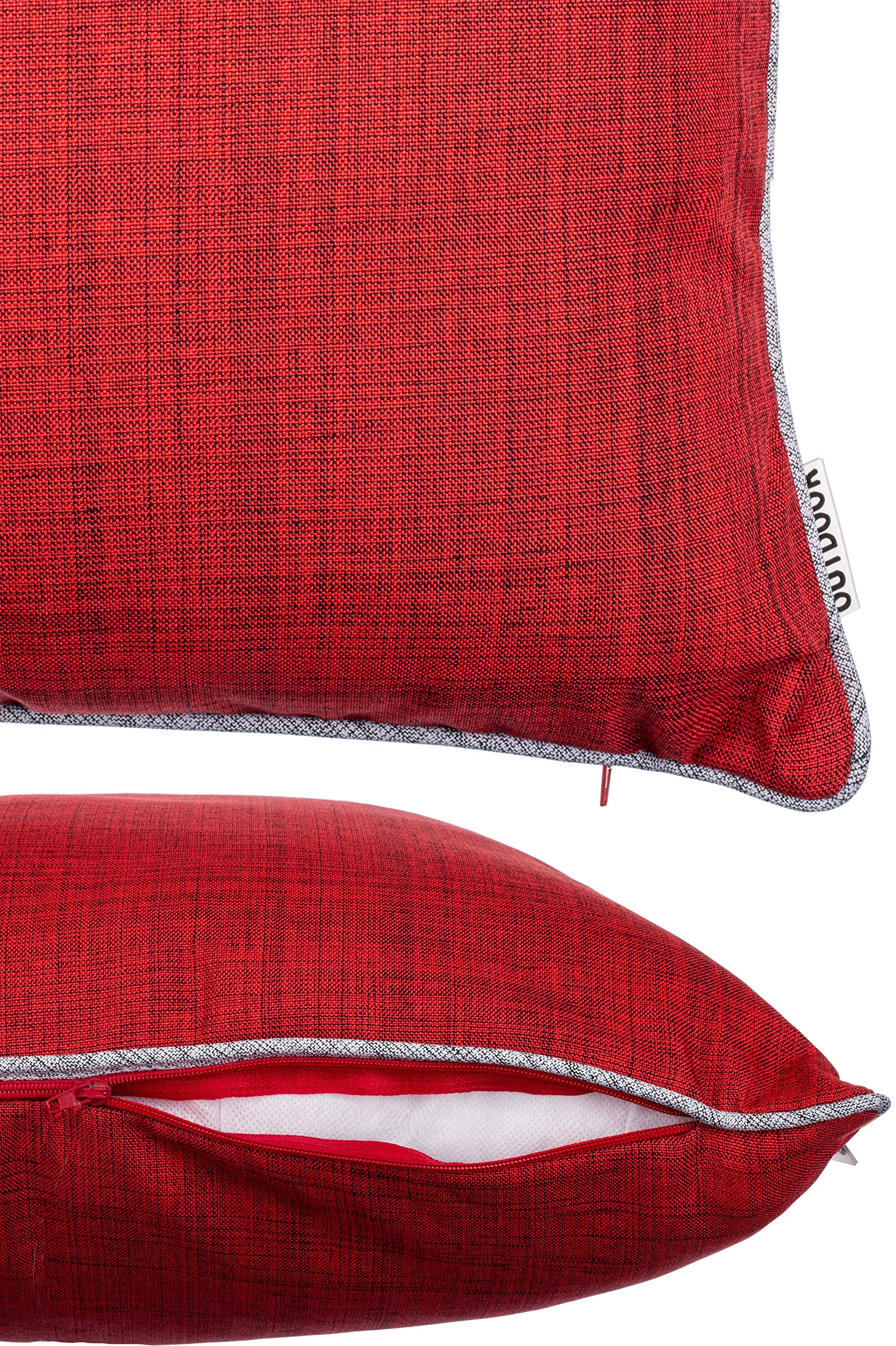 Brandsseller Lot de 4 Coussins d’extérieur 45x45x cm – Coussins décoratifs imperméables avec Passepoil en aspect Lin – Résistants aux intempéries pour Jardin, Balcon, Terrasse et Canapé - Rouge