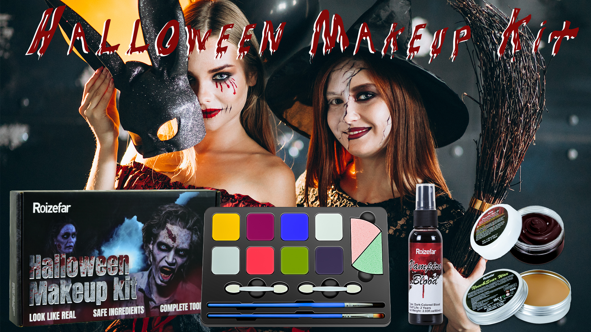 Halloween-Kunstblut Set (4 Teile) – Mit Plasma, Spray, Tropfblut & 8 Fake-Tattoos, Für Grusel-Make-up
